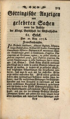 Göttingische Anzeigen von gelehrten Sachen (Göttingische Zeitungen von gelehrten Sachen) Donnerstag 20. Mai 1756