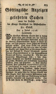 Göttingische Anzeigen von gelehrten Sachen (Göttingische Zeitungen von gelehrten Sachen) Samstag 3. Juli 1756