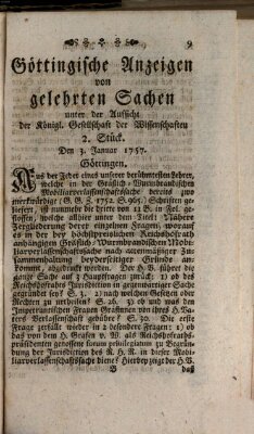 Göttingische Anzeigen von gelehrten Sachen (Göttingische Zeitungen von gelehrten Sachen) Montag 3. Januar 1757