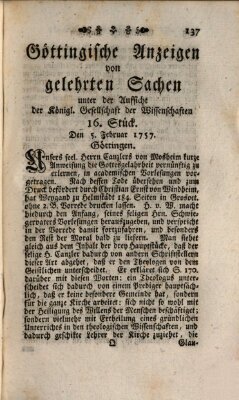 Göttingische Anzeigen von gelehrten Sachen (Göttingische Zeitungen von gelehrten Sachen) Samstag 5. Februar 1757