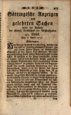 Göttingische Anzeigen von gelehrten Sachen (Göttingische Zeitungen von gelehrten Sachen) Donnerstag 7. April 1757