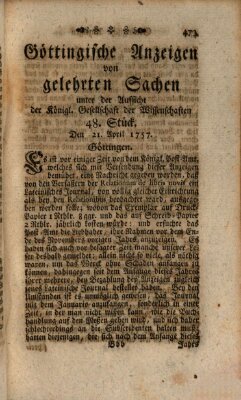 Göttingische Anzeigen von gelehrten Sachen (Göttingische Zeitungen von gelehrten Sachen) Donnerstag 21. April 1757