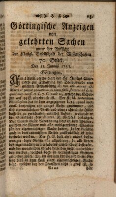 Göttingische Anzeigen von gelehrten Sachen (Göttingische Zeitungen von gelehrten Sachen) Samstag 11. Juni 1757