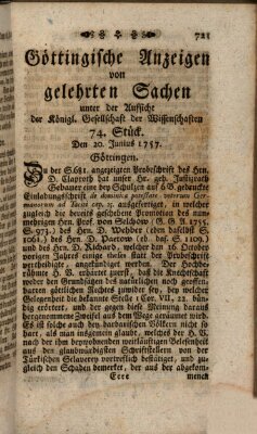 Göttingische Anzeigen von gelehrten Sachen (Göttingische Zeitungen von gelehrten Sachen) Montag 20. Juni 1757