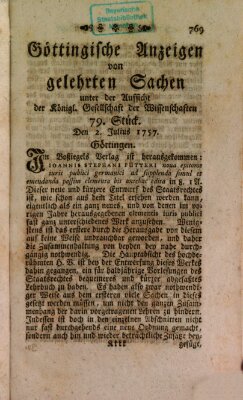 Göttingische Anzeigen von gelehrten Sachen (Göttingische Zeitungen von gelehrten Sachen) Samstag 2. Juli 1757