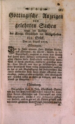 Göttingische Anzeigen von gelehrten Sachen (Göttingische Zeitungen von gelehrten Sachen) Montag 22. August 1757