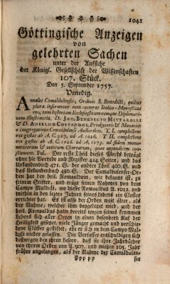 Göttingische Anzeigen von gelehrten Sachen (Göttingische Zeitungen von gelehrten Sachen) Montag 5. September 1757