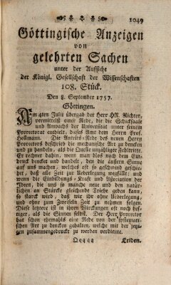 Göttingische Anzeigen von gelehrten Sachen (Göttingische Zeitungen von gelehrten Sachen) Donnerstag 8. September 1757