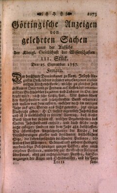 Göttingische Anzeigen von gelehrten Sachen (Göttingische Zeitungen von gelehrten Sachen) Donnerstag 15. September 1757