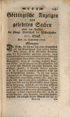 Göttingische Anzeigen von gelehrten Sachen (Göttingische Zeitungen von gelehrten Sachen) Samstag 17. September 1757