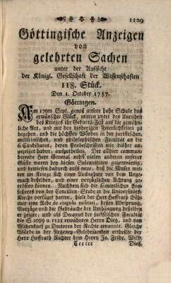 Göttingische Anzeigen von gelehrten Sachen (Göttingische Zeitungen von gelehrten Sachen) Samstag 1. Oktober 1757