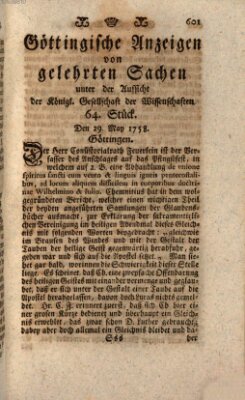 Göttingische Anzeigen von gelehrten Sachen (Göttingische Zeitungen von gelehrten Sachen) Montag 29. Mai 1758