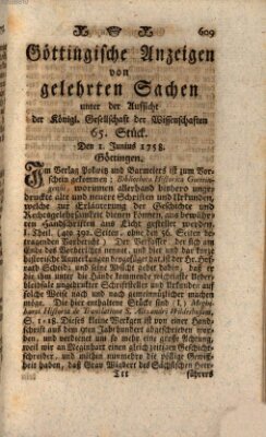 Göttingische Anzeigen von gelehrten Sachen (Göttingische Zeitungen von gelehrten Sachen) Donnerstag 1. Juni 1758