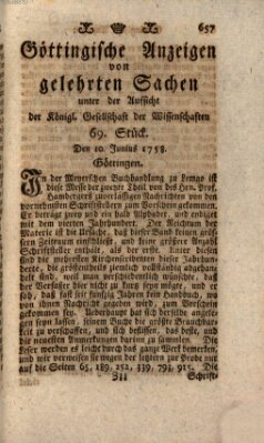 Göttingische Anzeigen von gelehrten Sachen (Göttingische Zeitungen von gelehrten Sachen) Samstag 10. Juni 1758