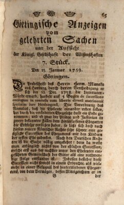 Göttingische Anzeigen von gelehrten Sachen (Göttingische Zeitungen von gelehrten Sachen) Montag 15. Januar 1759