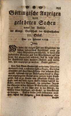 Göttingische Anzeigen von gelehrten Sachen (Göttingische Zeitungen von gelehrten Sachen) Samstag 17. Februar 1759