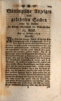 Göttingische Anzeigen von gelehrten Sachen (Göttingische Zeitungen von gelehrten Sachen) Donnerstag 22. Februar 1759