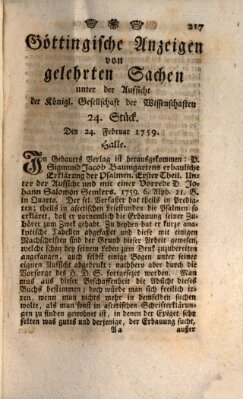 Göttingische Anzeigen von gelehrten Sachen (Göttingische Zeitungen von gelehrten Sachen) Samstag 24. Februar 1759