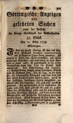 Göttingische Anzeigen von gelehrten Sachen (Göttingische Zeitungen von gelehrten Sachen) Donnerstag 22. März 1759