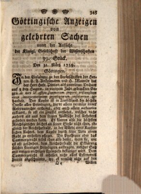 Göttingische Anzeigen von gelehrten Sachen (Göttingische Zeitungen von gelehrten Sachen) Samstag 31. März 1759