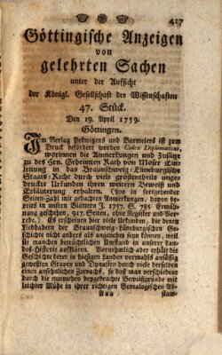 Göttingische Anzeigen von gelehrten Sachen (Göttingische Zeitungen von gelehrten Sachen) Donnerstag 19. April 1759