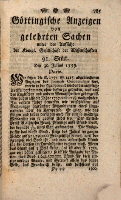 Göttingische Anzeigen von gelehrten Sachen (Göttingische Zeitungen von gelehrten Sachen) Montag 30. Juli 1759