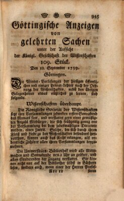 Göttingische Anzeigen von gelehrten Sachen (Göttingische Zeitungen von gelehrten Sachen) Montag 10. September 1759