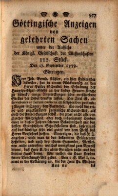 Göttingische Anzeigen von gelehrten Sachen (Göttingische Zeitungen von gelehrten Sachen) Montag 17. September 1759