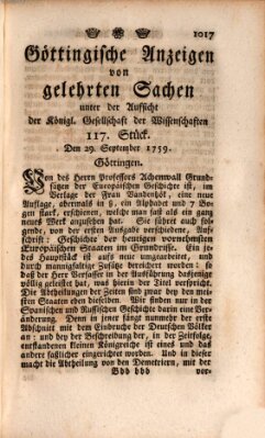 Göttingische Anzeigen von gelehrten Sachen (Göttingische Zeitungen von gelehrten Sachen) Samstag 29. September 1759