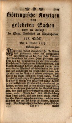 Göttingische Anzeigen von gelehrten Sachen (Göttingische Zeitungen von gelehrten Sachen) Monday 1. October 1759