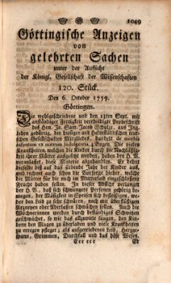 Göttingische Anzeigen von gelehrten Sachen (Göttingische Zeitungen von gelehrten Sachen) Samstag 6. Oktober 1759