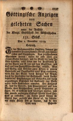 Göttingische Anzeigen von gelehrten Sachen (Göttingische Zeitungen von gelehrten Sachen) Donnerstag 1. November 1759