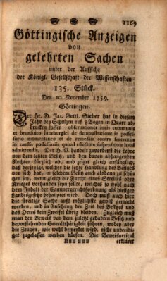 Göttingische Anzeigen von gelehrten Sachen (Göttingische Zeitungen von gelehrten Sachen) Samstag 10. November 1759