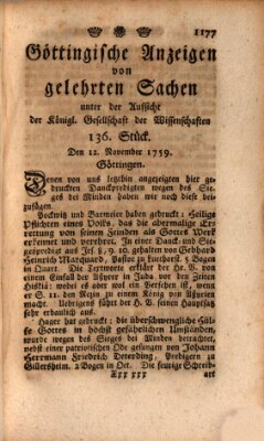 Göttingische Anzeigen von gelehrten Sachen (Göttingische Zeitungen von gelehrten Sachen) Montag 12. November 1759