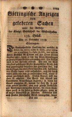 Göttingische Anzeigen von gelehrten Sachen (Göttingische Zeitungen von gelehrten Sachen) Samstag 17. November 1759