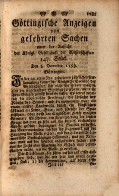 Göttingische Anzeigen von gelehrten Sachen (Göttingische Zeitungen von gelehrten Sachen) Samstag 8. Dezember 1759