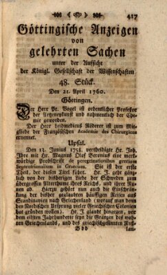 Göttingische Anzeigen von gelehrten Sachen (Göttingische Zeitungen von gelehrten Sachen) Montag 21. April 1760