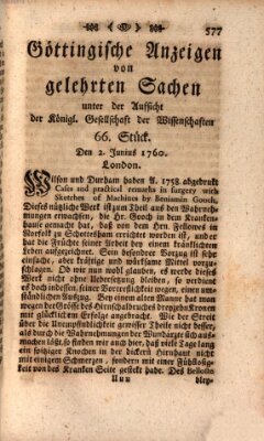 Göttingische Anzeigen von gelehrten Sachen (Göttingische Zeitungen von gelehrten Sachen) Montag 2. Juni 1760