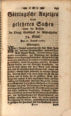 Göttingische Anzeigen von gelehrten Sachen (Göttingische Zeitungen von gelehrten Sachen) Samstag 21. Juni 1760