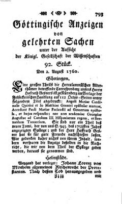 Göttingische Anzeigen von gelehrten Sachen (Göttingische Zeitungen von gelehrten Sachen) Samstag 2. August 1760