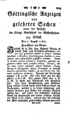 Göttingische Anzeigen von gelehrten Sachen (Göttingische Zeitungen von gelehrten Sachen) Donnerstag 7. August 1760