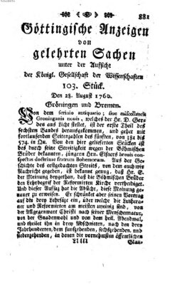 Göttingische Anzeigen von gelehrten Sachen (Göttingische Zeitungen von gelehrten Sachen) Donnerstag 28. August 1760