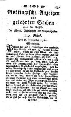 Göttingische Anzeigen von gelehrten Sachen (Göttingische Zeitungen von gelehrten Sachen) Samstag 13. September 1760