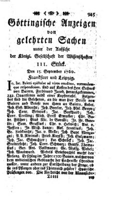 Göttingische Anzeigen von gelehrten Sachen (Göttingische Zeitungen von gelehrten Sachen) Montag 15. September 1760