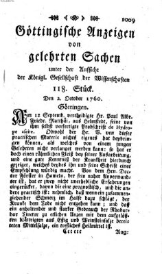 Göttingische Anzeigen von gelehrten Sachen (Göttingische Zeitungen von gelehrten Sachen) Donnerstag 2. Oktober 1760