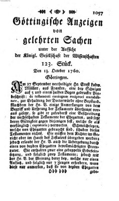 Göttingische Anzeigen von gelehrten Sachen (Göttingische Zeitungen von gelehrten Sachen) Montag 13. Oktober 1760