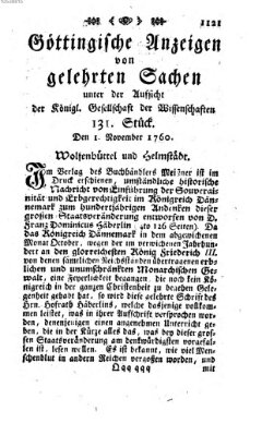 Göttingische Anzeigen von gelehrten Sachen (Göttingische Zeitungen von gelehrten Sachen) Samstag 1. November 1760