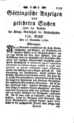 Göttingische Anzeigen von gelehrten Sachen (Göttingische Zeitungen von gelehrten Sachen) Montag 17. November 1760