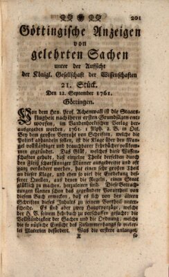 Göttingische Anzeigen von gelehrten Sachen (Göttingische Zeitungen von gelehrten Sachen) Samstag 12. September 1761