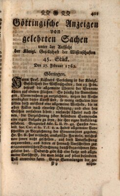 Göttingische Anzeigen von gelehrten Sachen (Göttingische Zeitungen von gelehrten Sachen) Samstag 27. Februar 1762